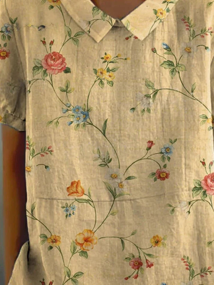 Karla - freizeithemd für damen aus baumwolle und leinen mit retro-blumendruck