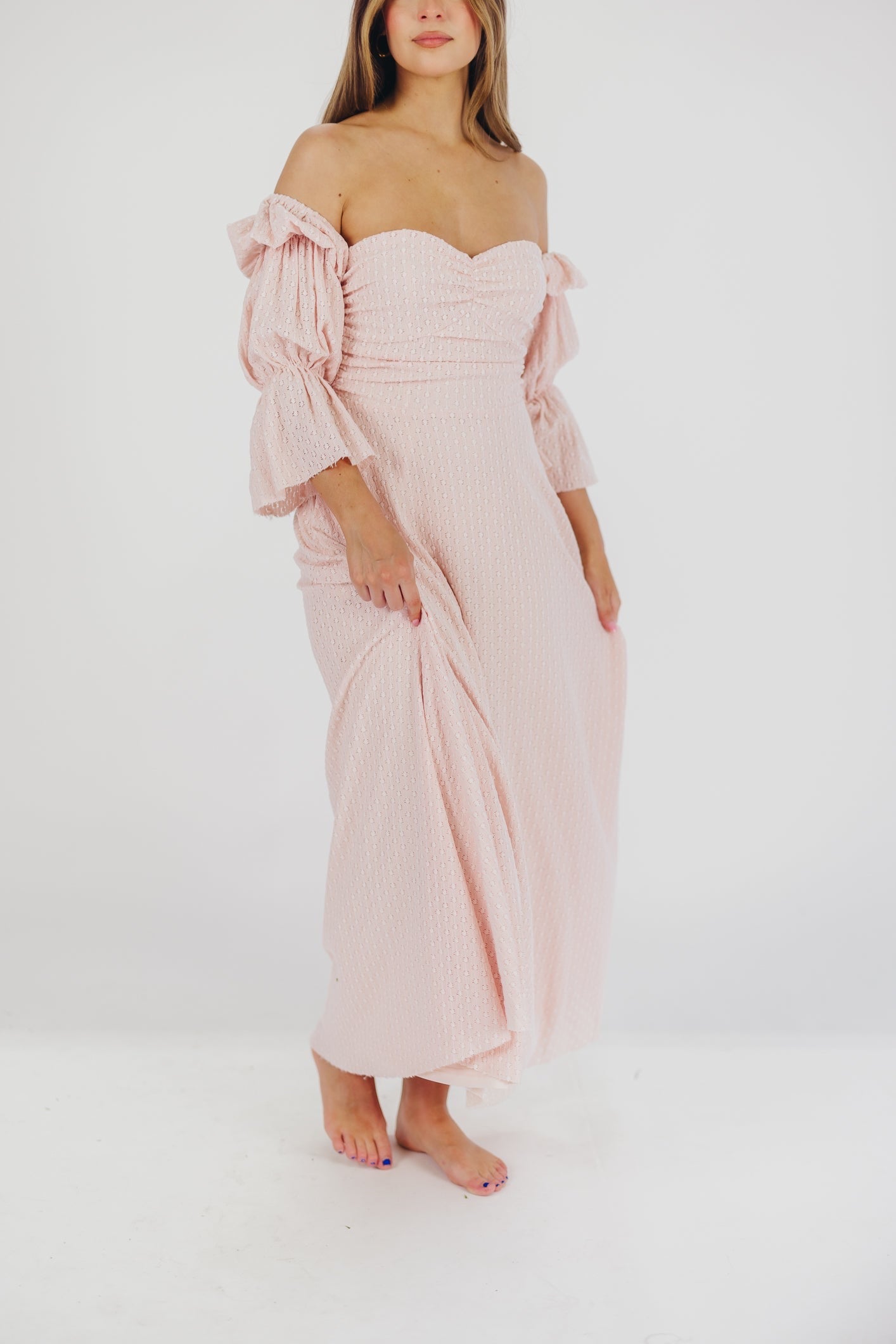 Corrine – langes Kleid mit rüschenärmeln und taschen – ballerina-pink – stoßfest